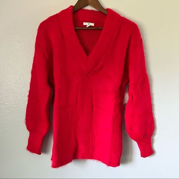 NEW BP Women’s Deep V-neck Fuzzy Tunic Sweater In Red Poinsettia Size XS - Picture 3 of 6
